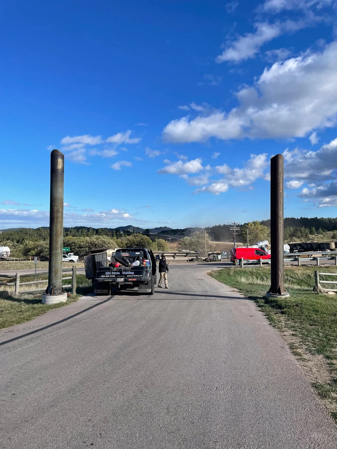Pipe entrance posts set on concrete piers at Frawley Ranch