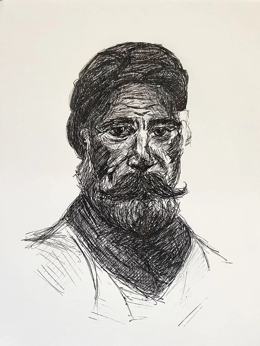 My pen lines are too scratchy, but I like his gentle eyes. Study of a bearded man wearing a turban & neck scarf. 2021