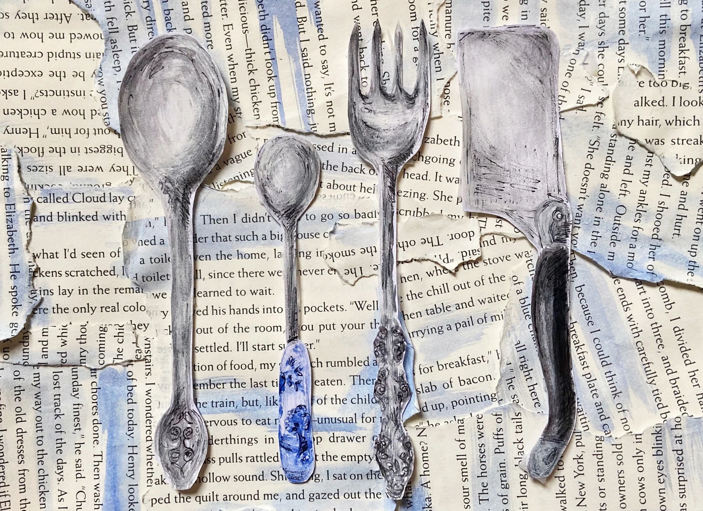 Mixed media silverware piece. Watercolor + ink spoons, fork, and cheese knife from our home: set on book scraps. 2020