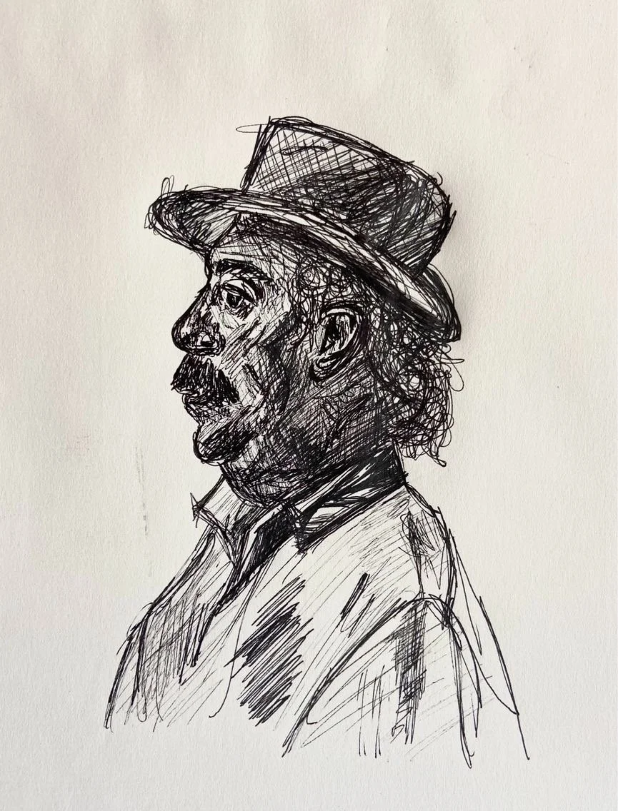 Trying to pick up the pen again. I'm not very good, but of course, that's never been the point. Study of an older man wearing a Bowler hat. Side profile. 2021