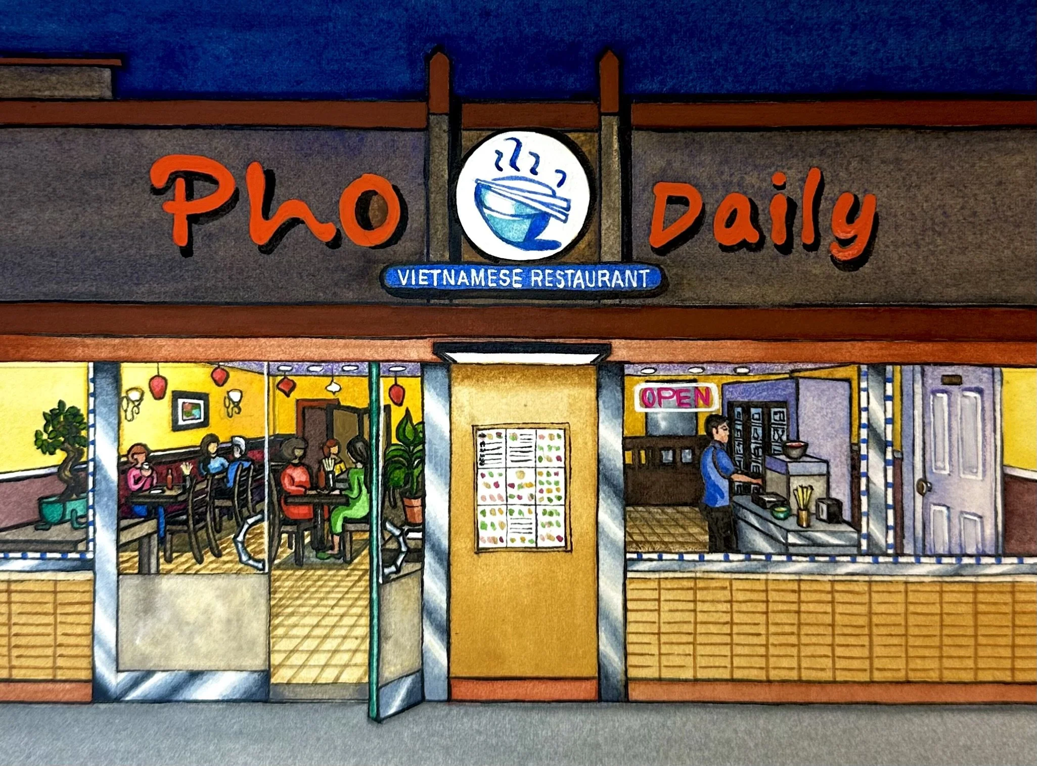 A woman from California hired Jennifer Skopp to create this painting of Pho Daily, a Vietnamese restaurant, where she and her wife went on their first date.