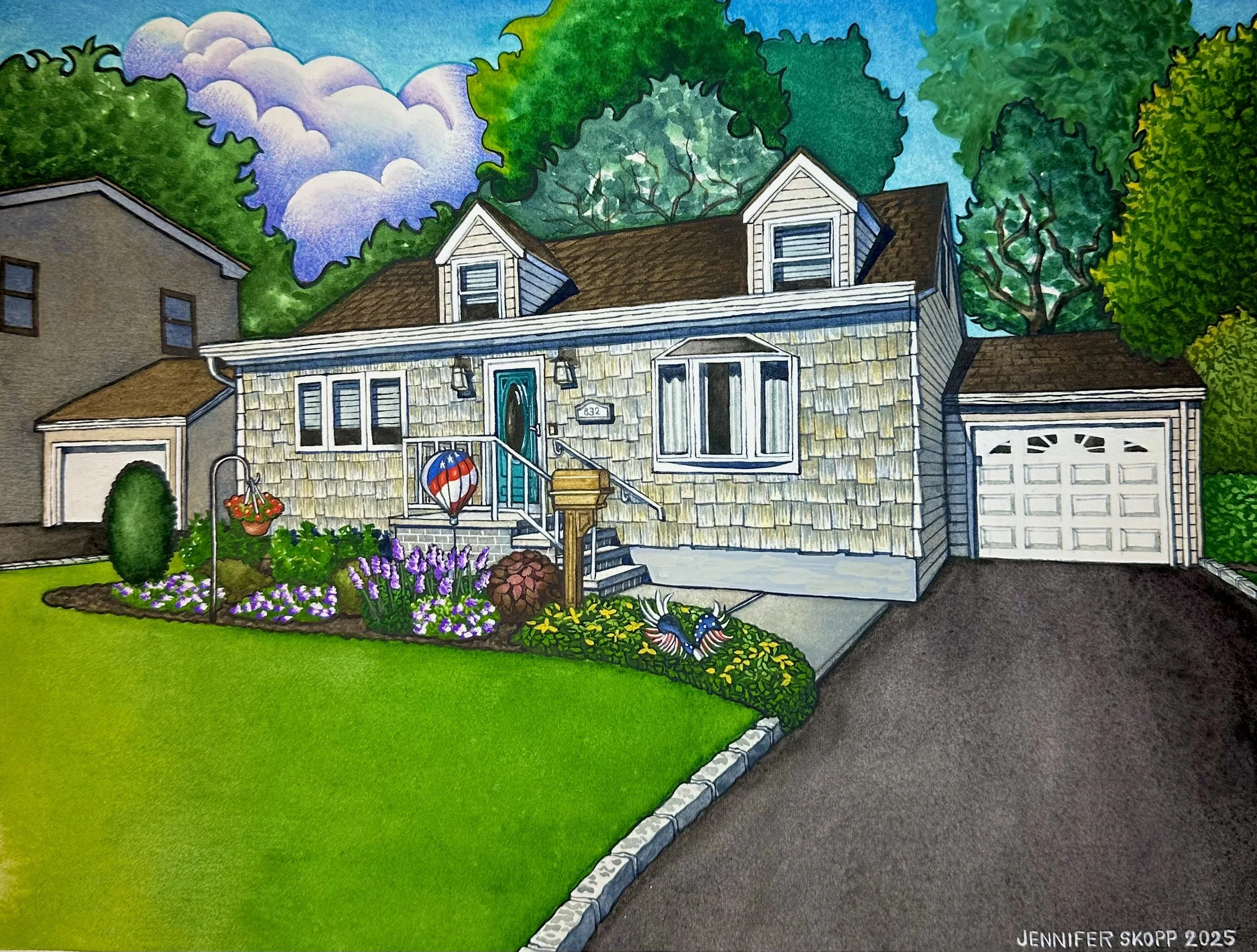 A daughter-in-law commissioned Jennifer Skopp to create this House Portrait for her in-laws. It is a painting of their Union, NJ home.