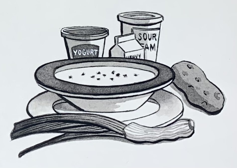 Food Illustration for the NY Daily News. The illustration appeared on the Judson Grill's Spinach, Potato and Leek Soup recipe.