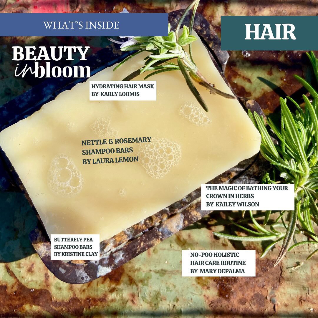 A display of natural hair care products and ingredients arranged on a surface, including soap bars, herbs like rosemary, and natural elements like a leaf. The image features text overlays promoting natural hair beauty and listing products such as net