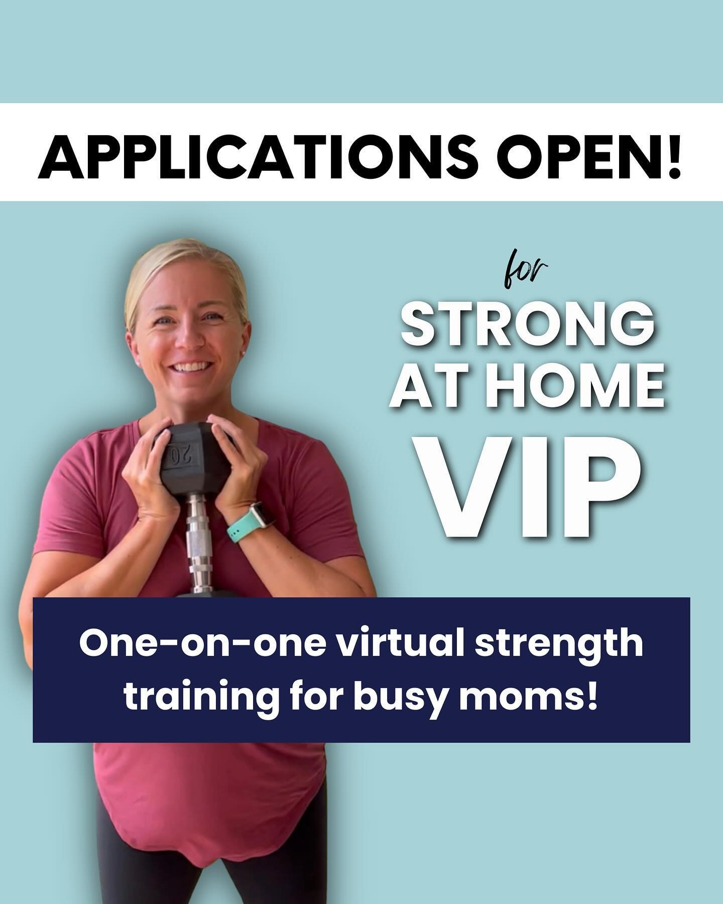 [APPLICATIONS OPEN FOR STRONG AT HOME VIP!] 

💪🏻 Strong at Home VIP is a one-on-one virtual strength training program for busy moms who want to get strong &amp; fit without leaving their house (with the accountability of weekly appointments)!

🔥 M