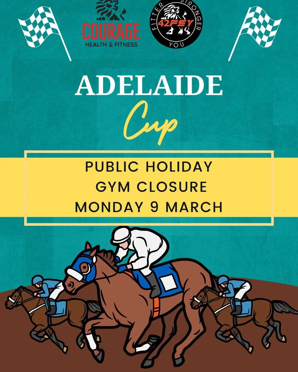 🏇🏆 Public Holiday Closure 🏆🐴
Closed today, so let&rsquo;s see you back in tomorrow to start the short week off right!
We hope everyone is enjoying the long weekend! 🌟
.
 #longweekend #publicholiday  #AdelaideCupDay #adelaidegym #TeamCourage