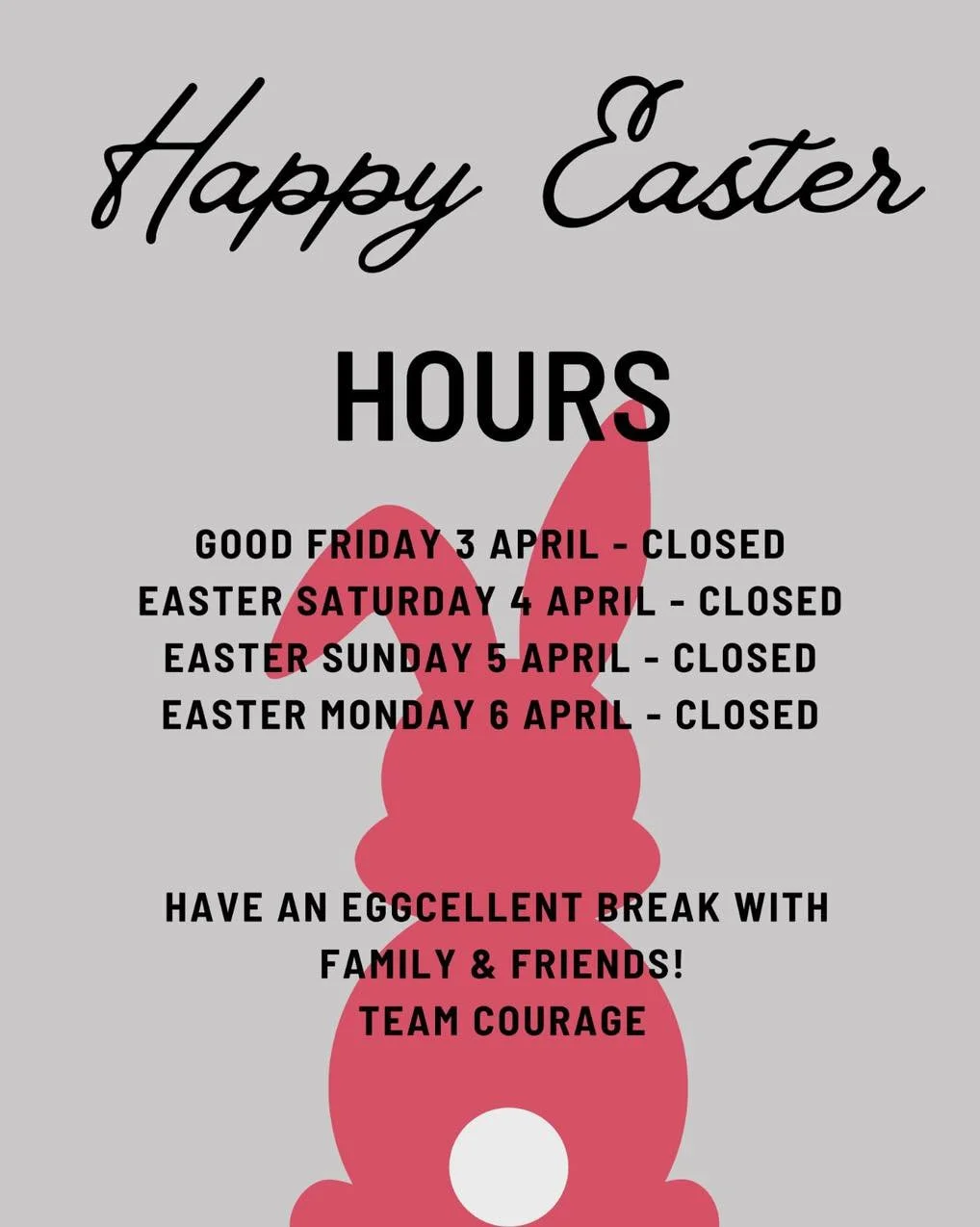 Easter bunny is nearly here! We will be closed over the Easter long weekend🐣

#EasterBreak #happyeaster