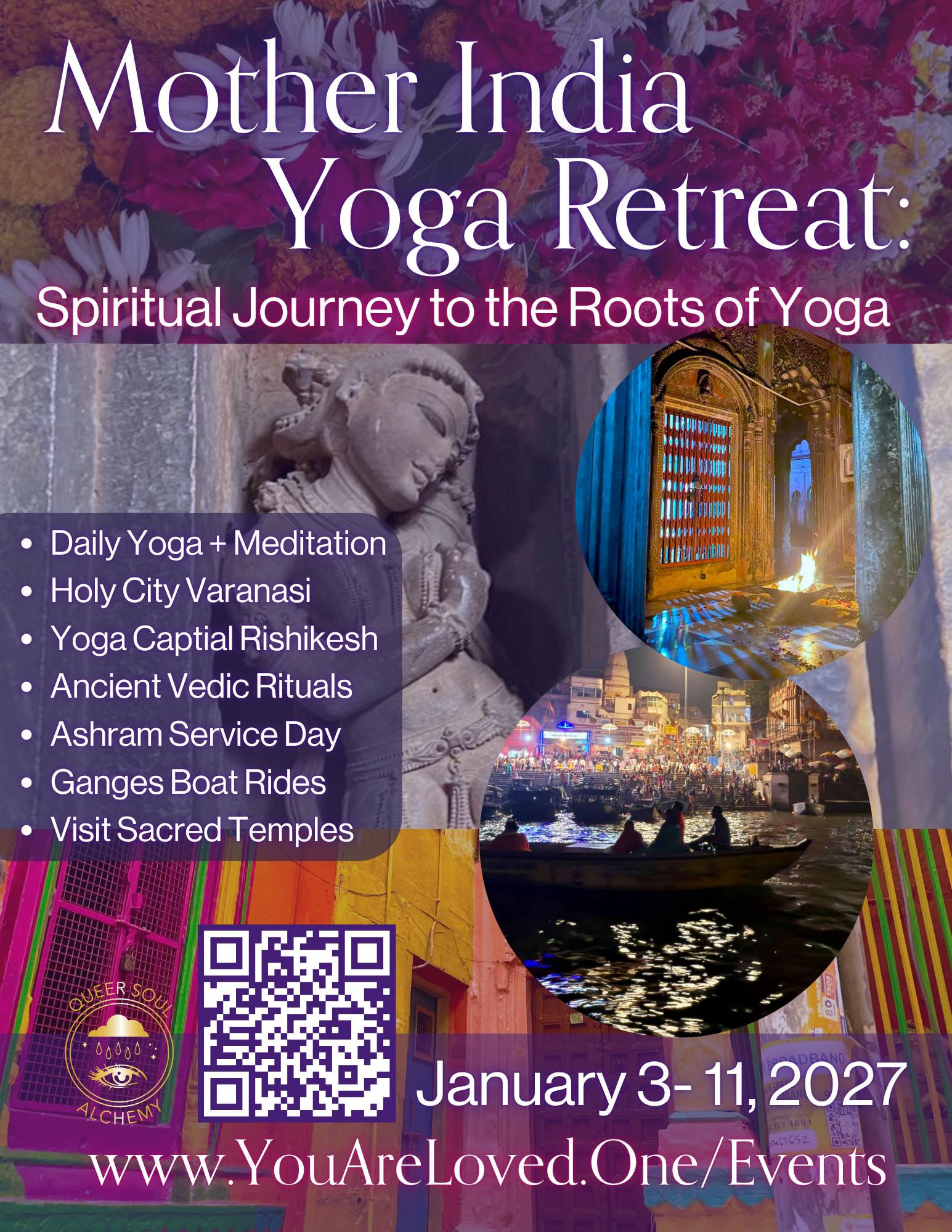 mother india yoga retreat january 2027 queer spiritual travel. spiritual journey to the roots of yoga with queer soul alchemy and lee devi. yoga and meditation, varanasi, rishikesh, vedic rituals, ashram visit, ganges arati and sacred temples.
