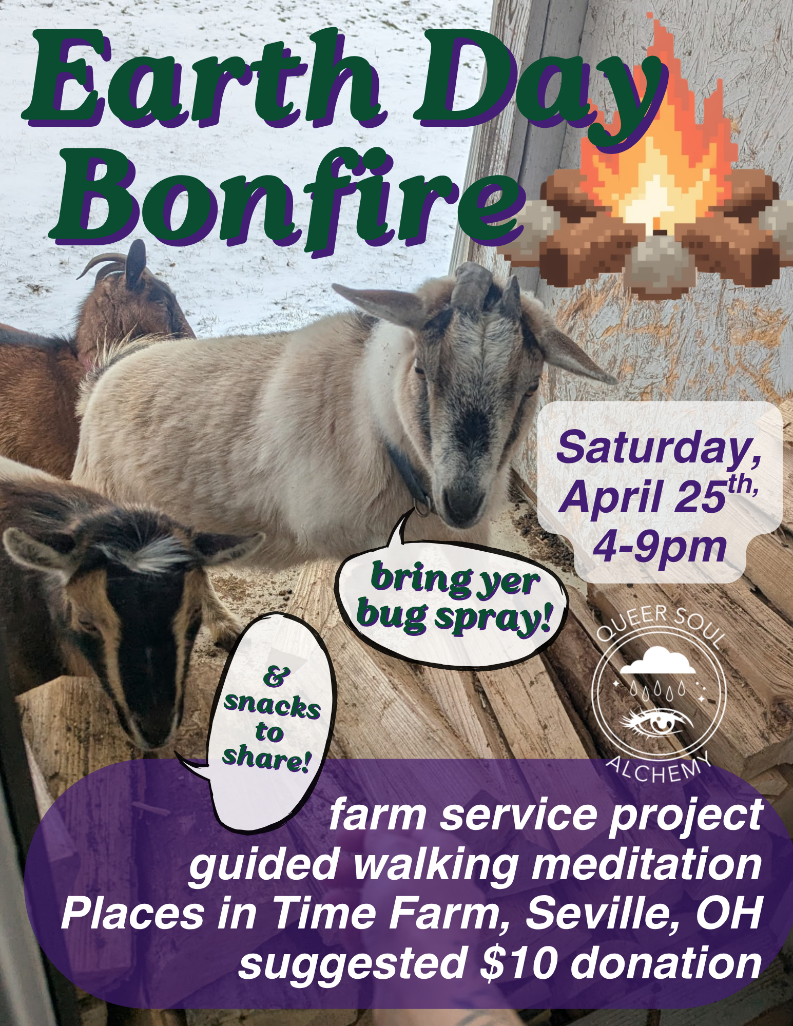 earth day bonfire goats with queer soul alchemy on places in time farm in seville ohio