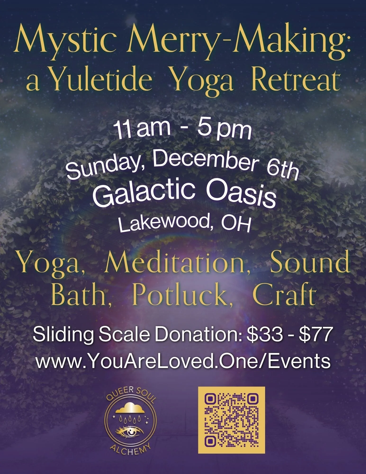 mystic merry making yuletide yoga retreat, sunday december 6th at galactic oasis in lakewood, ohio. queer yoga, meditation, sound bath, lgbtq community potluck, craft, sliding scale donation
