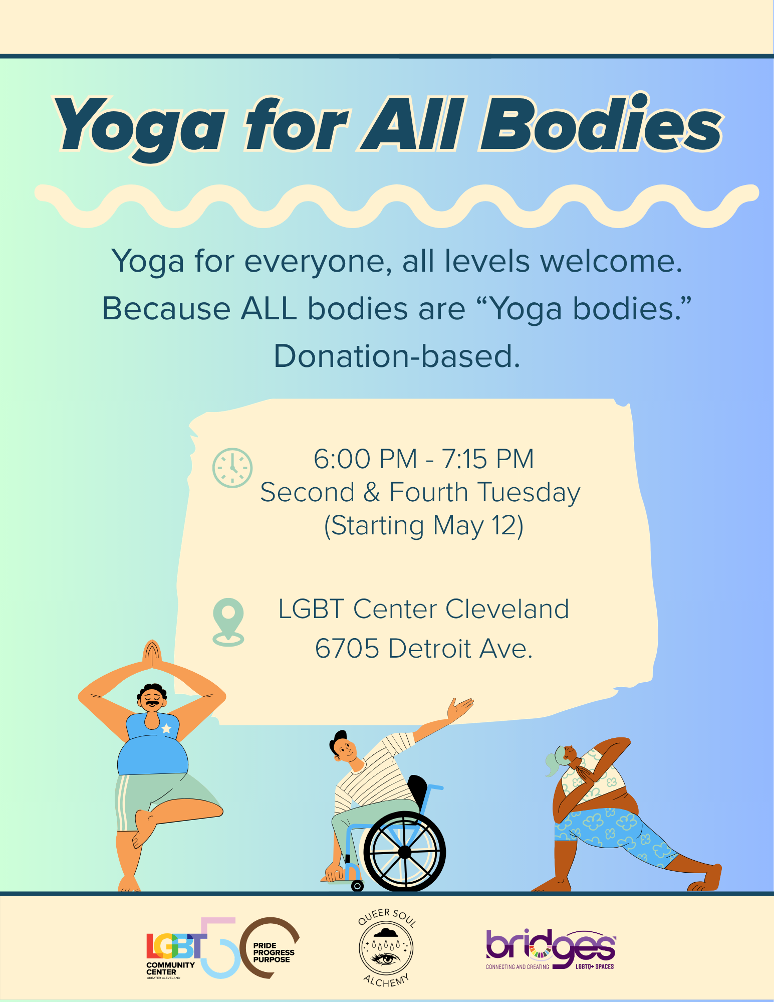 yoga for all bodies at the LGBT center of greater cleveland in Ohio City, ohio. please join QSA and Lee Devi for accessible queer friendly and size inclusive yoga every other week at the LGBT center!
