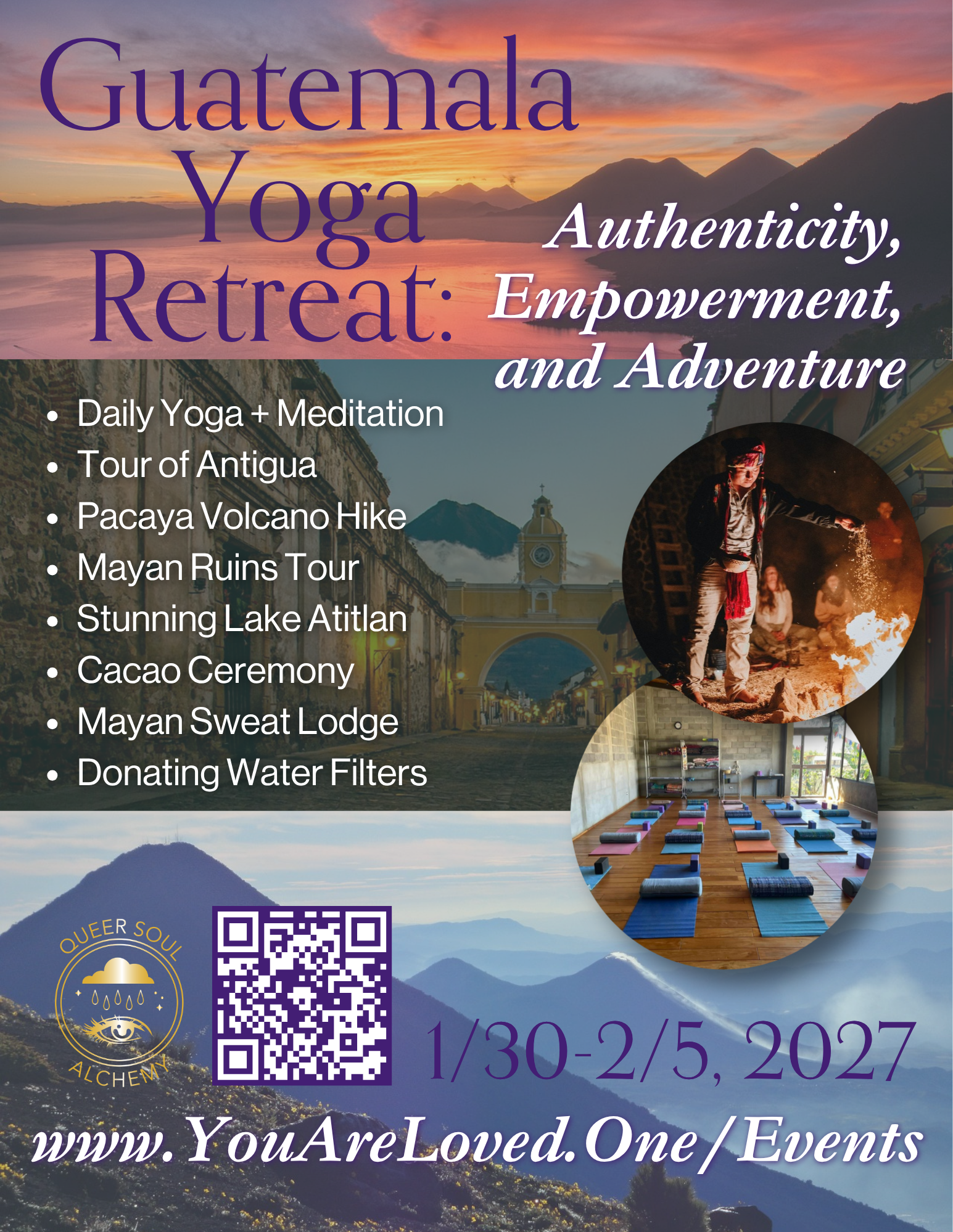 Guatemala Yoga Retreat February 2027 Queer Spiritual Travel with Queer Soul Alchemy Yoga Retreats. Authenticity, Empowerment, and Adventure with Lee Devi in Guatemala January 30th - February 5th, 2027. Meditation, Antigua Guatemala, Pacaya Volcano.