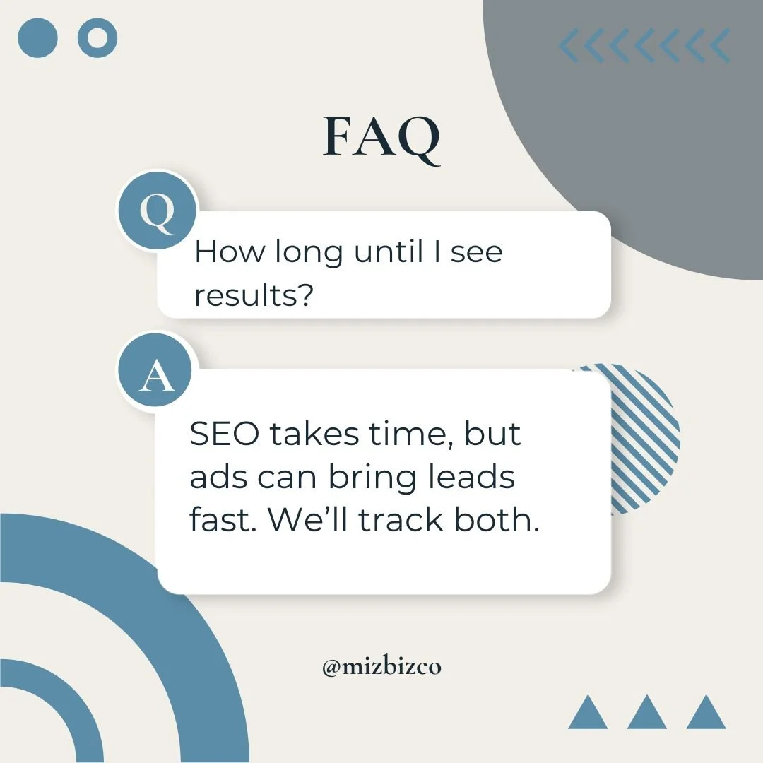 Thinking about done-for-you SEO + ads but still have questions?
Here are a couple I get all the time 👇
Q: How long until I see results?
A: SEO takes time, but ads can bring leads fast. We track both.
Q: What if I want to increase my budget?
A: We