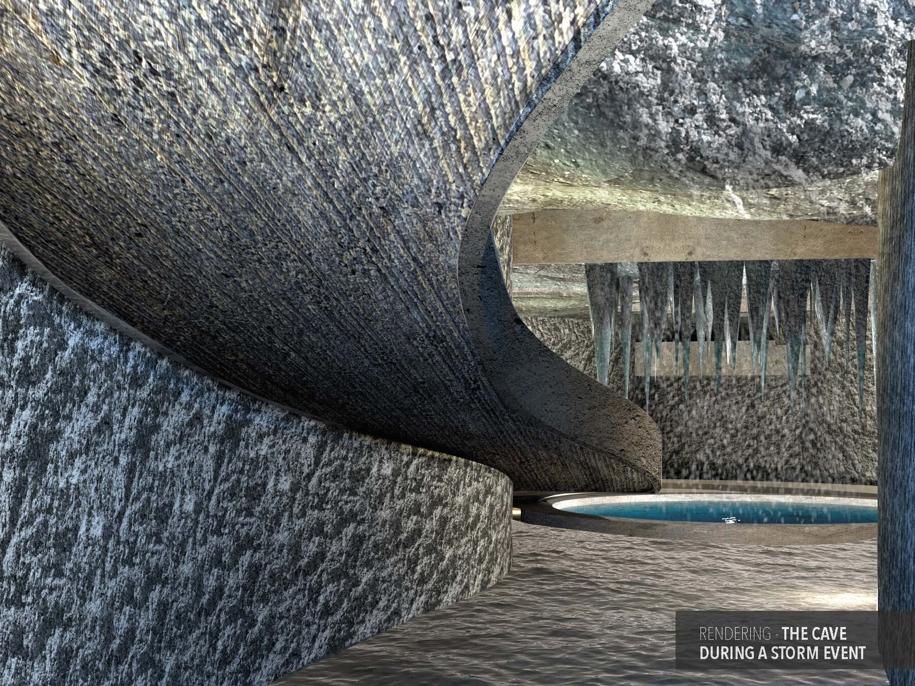 Rendering of The Cave, during a storm event