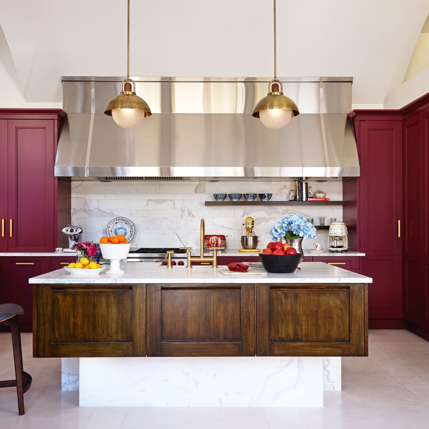 As we head into the long holiday weekend we thought we&rsquo;d revisit one of our favorite spaces, featuring the transformation of a dull, khaki-grey kitchen into a bright color bomb of wonder, with a custom-mixed, redish purple and faux walnut court
