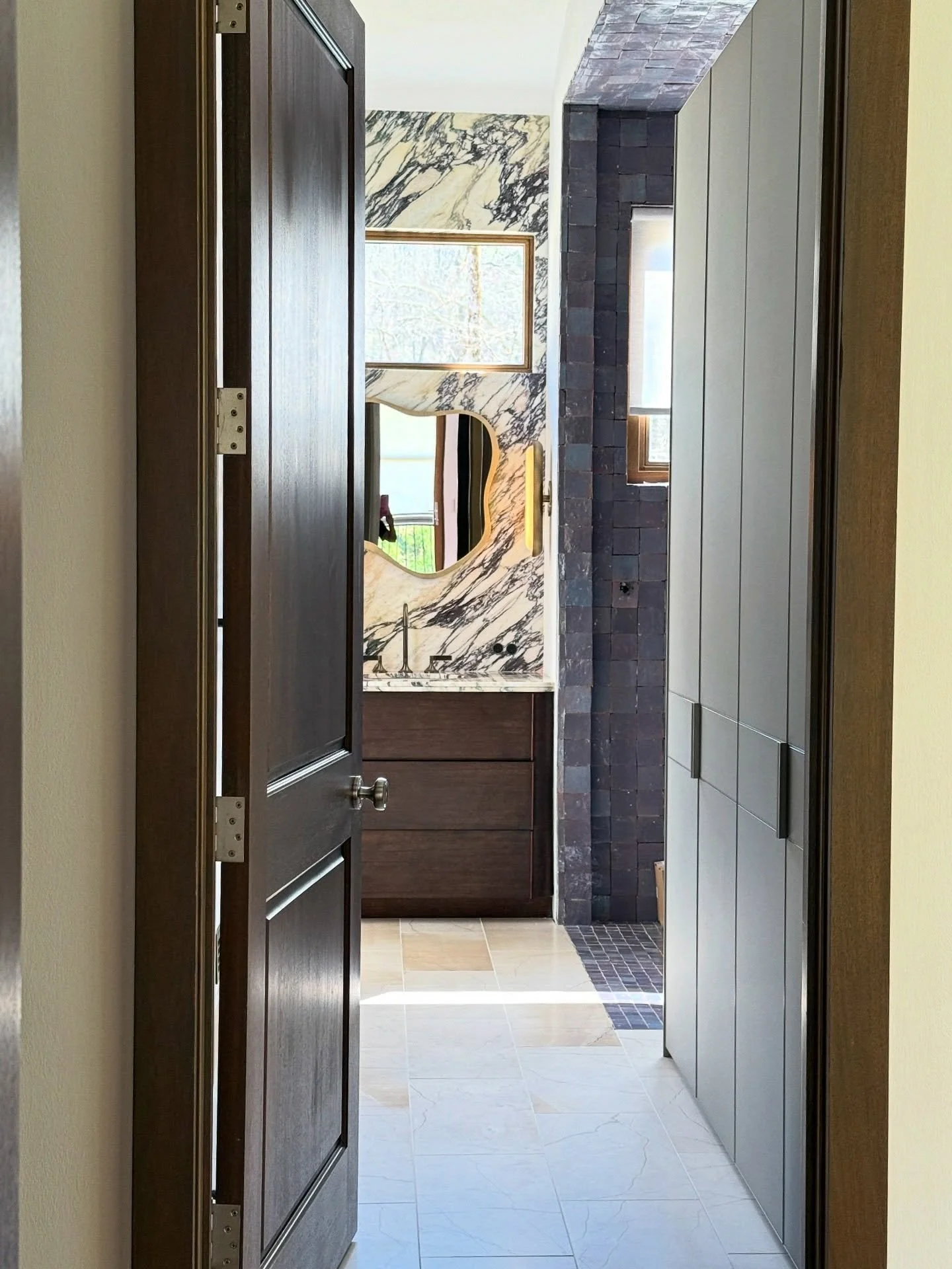 His bath - still in progress, but looking good!  #custominteriors #bathdesign #interiordesignatlanta #designisinthedetails