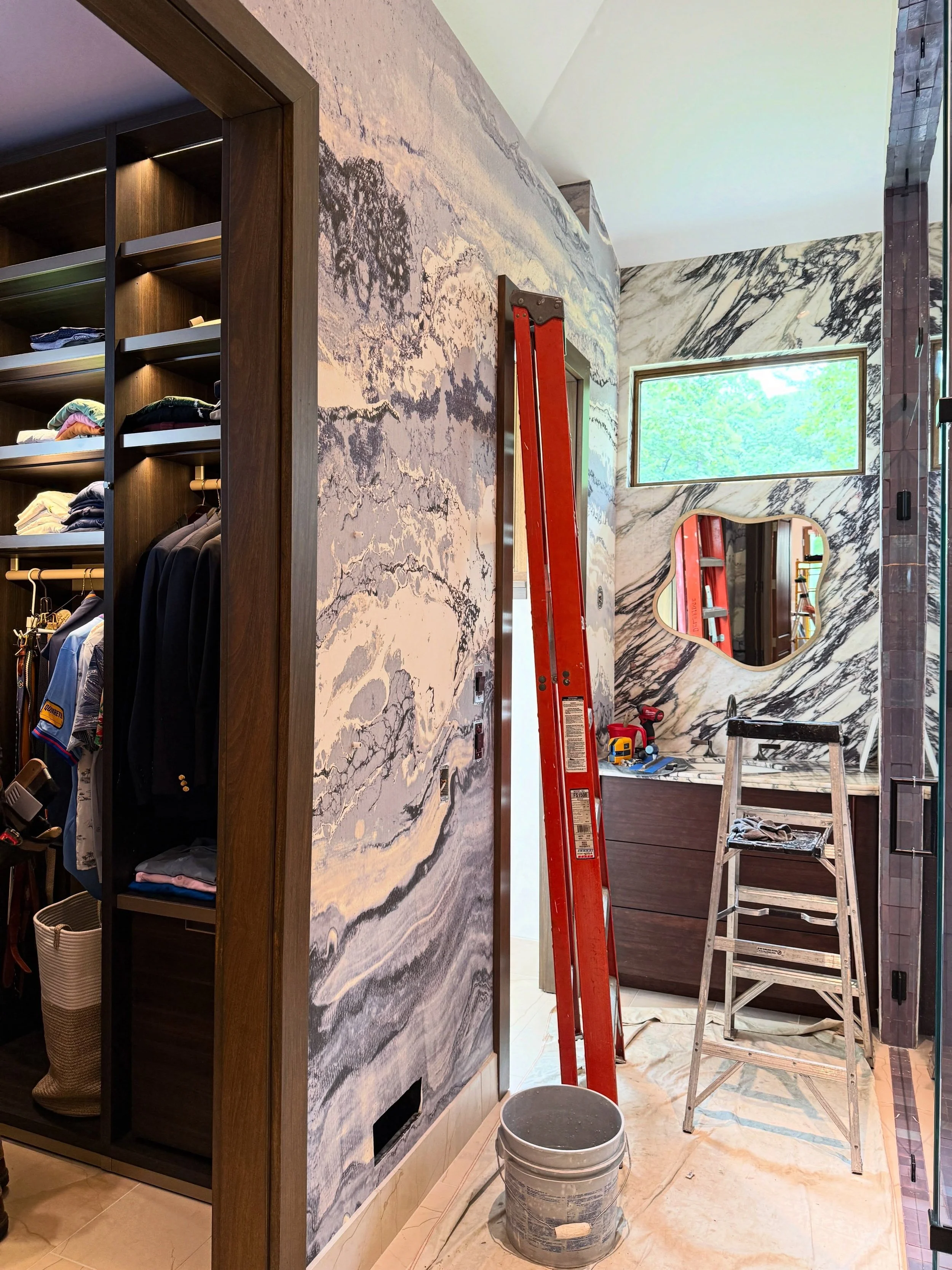 Wallpaper install week. Gotta say, it&rsquo;s looking spectacular. Major thanks to @rob.delbridge and crew, @bradleyusa and @emmahayestextiles, and @omexcowallcoverings and @romo_fabrics for helping us round out these renovations in the most brillian