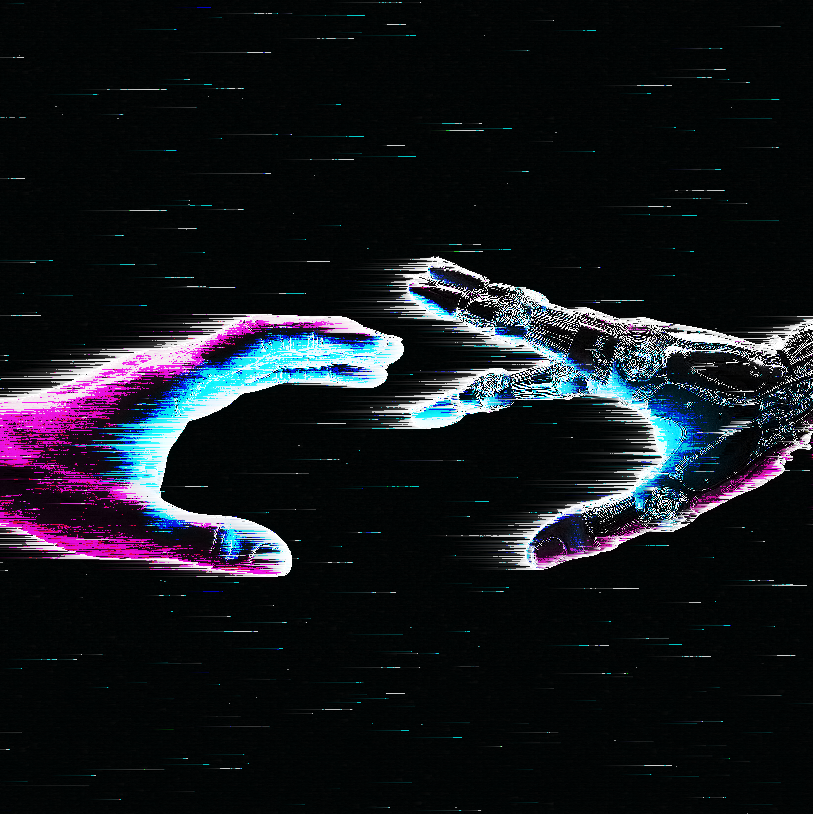Glitch-style digital art of human and robotic hands by Jill Callahan