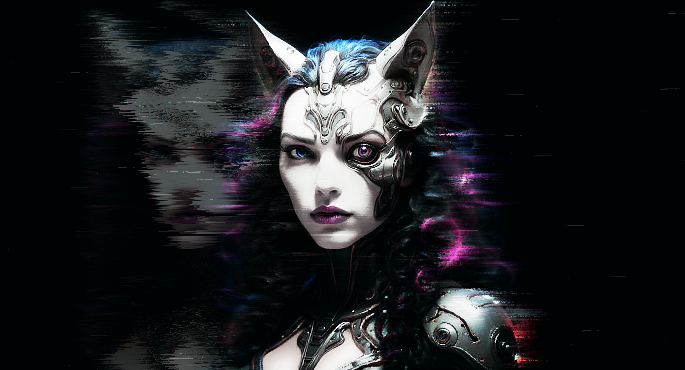 Glitch-style digital art of a cyborg woman and her reflection by Jill Callahan
