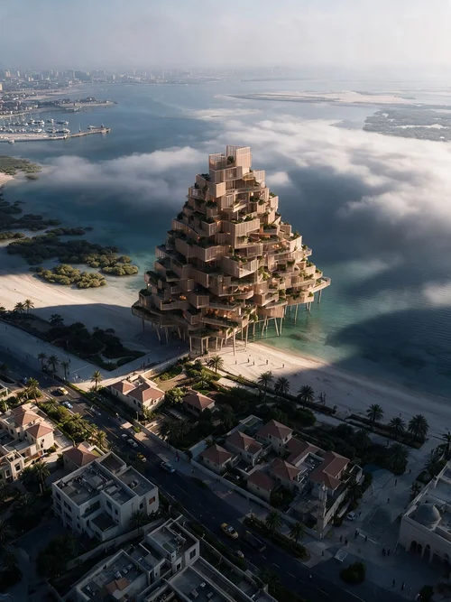 M2 · Árdh, concept image — a stepped timber tower on stilts at the edge of a beach, low cloud drifting over the coast and the villas below
