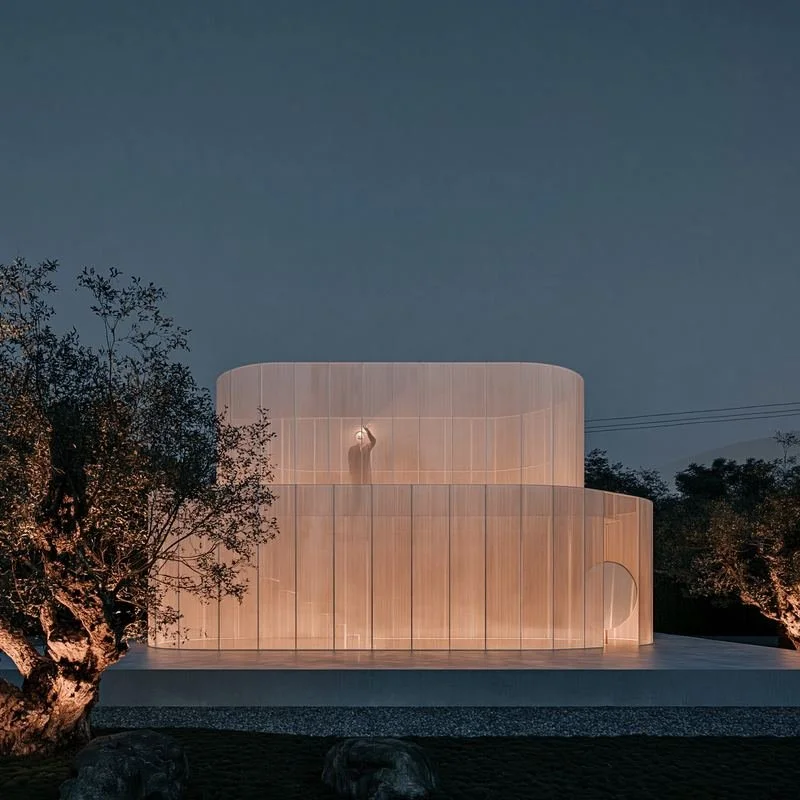 M16 · Árdh, concept image — a softly glowing pavilion of pale translucent fins at dusk, set on a low plinth among old olive trees