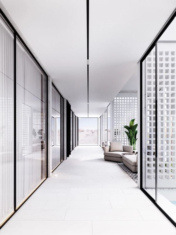 Al Ain Farm House · Al Ain — long white corridor with glass partitions