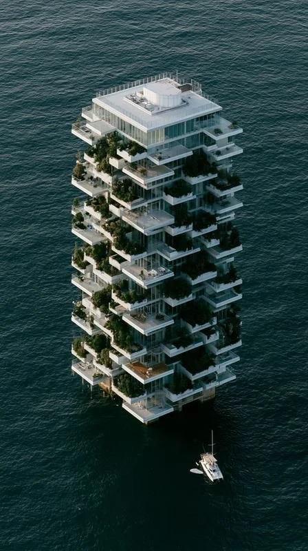 M6 · Árdh, concept image — a tall tower of stacked glass floors and gardens standing alone in dark open sea, a small boat at its base