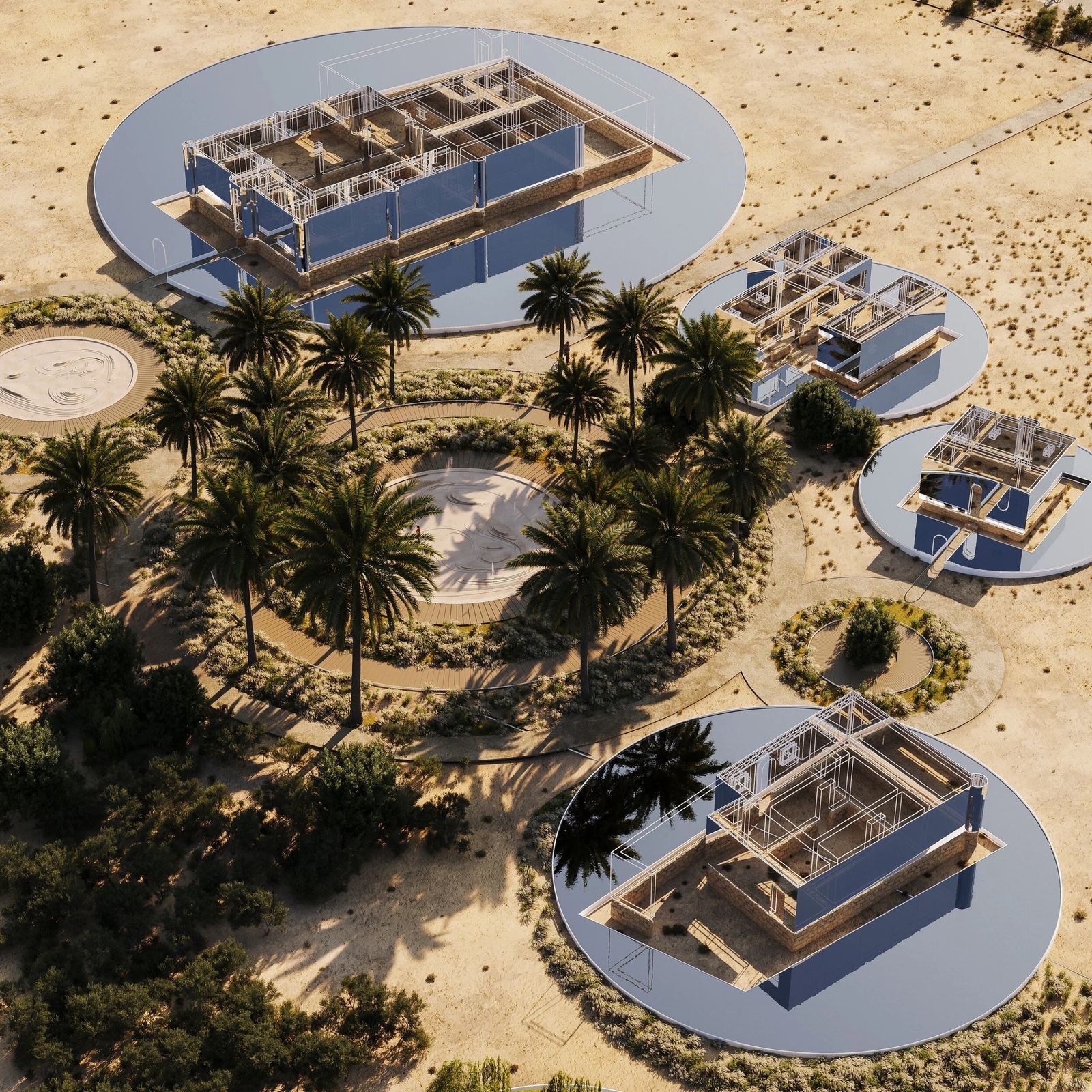 Jumeirah Archaeological Square · Jumeirah — aerial view of the ruins set in round pools among palms