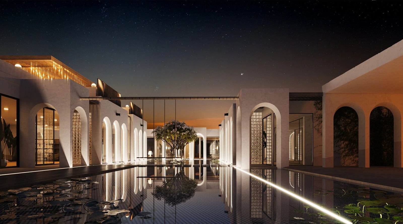 Al Ain Farm House · Al Ain — arched courtyard and long pool at night