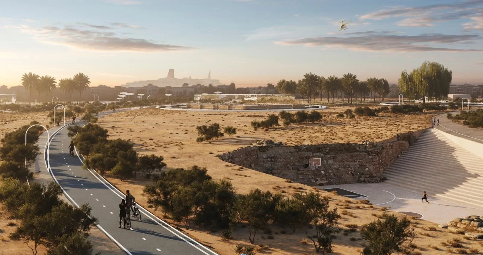 Jumeirah Archaeological Square · Jumeirah — a cycling path past the sunken courtyard at sunset