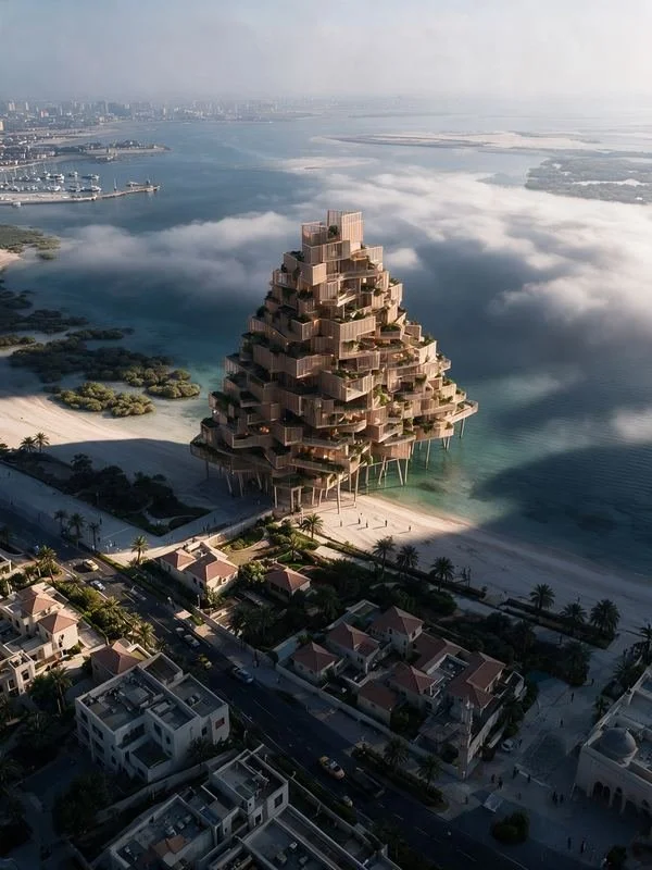 M2 · Árdh, concept image — a stepped timber tower on stilts at the edge of a beach, low cloud drifting over the coast and the villas below
