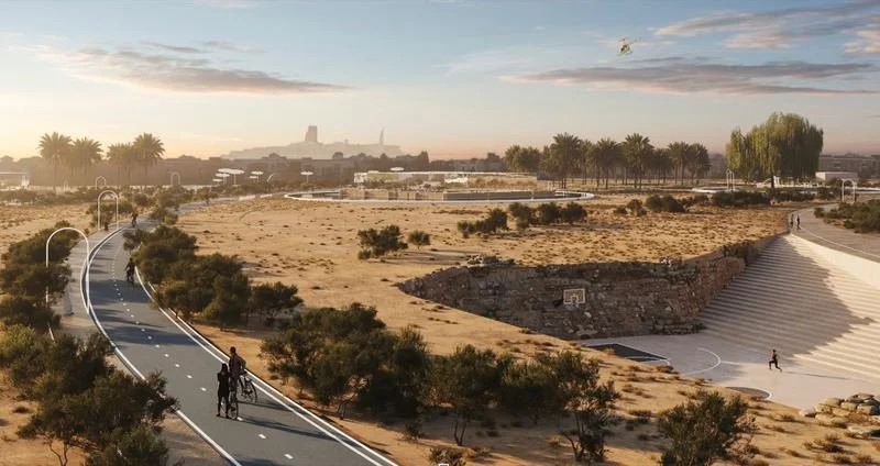 Jumeirah Archaeological Square · Jumeirah — a cycling path past the sunken courtyard at sunset