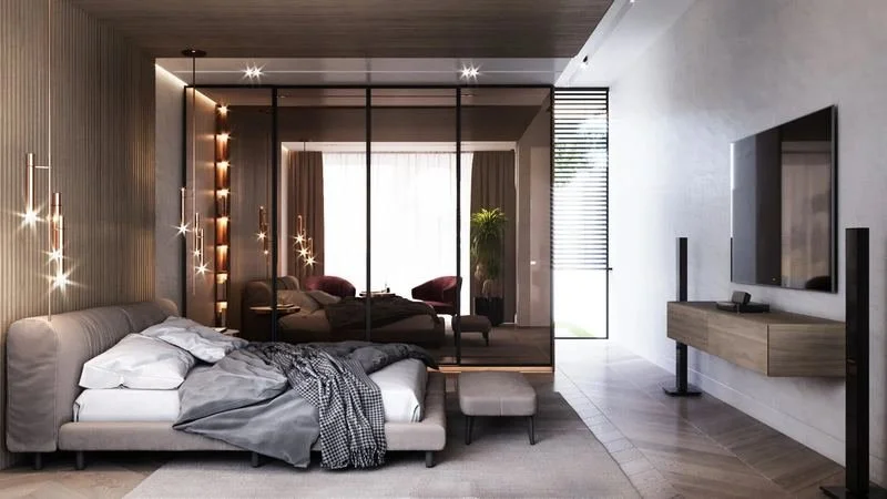 Al Ain Farm House · Al Ain — bedroom with timber wall and soft light