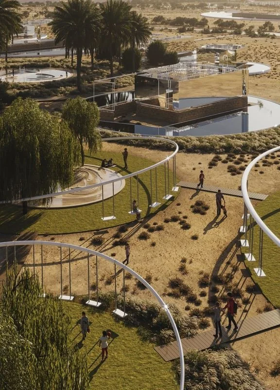 Jumeirah Archaeological Square · Jumeirah — paths, planting and pools across the square, aerial