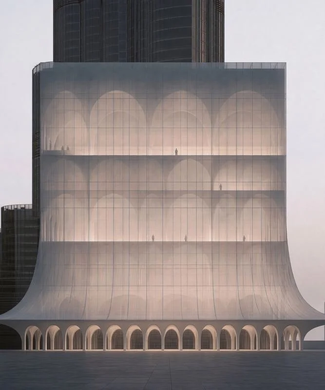 M15 · Árdh, concept image — a translucent white tower of stacked arched vaults, flared at the base over an arcade, beside a dark high-rise