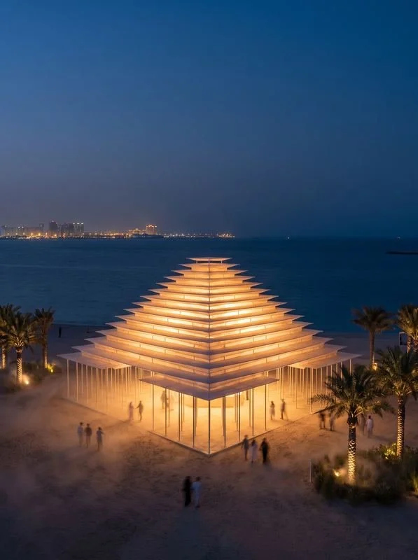 M13 · Árdh, concept image — a stepped pyramid of glowing timber slats on a beach at dusk, people gathered underneath