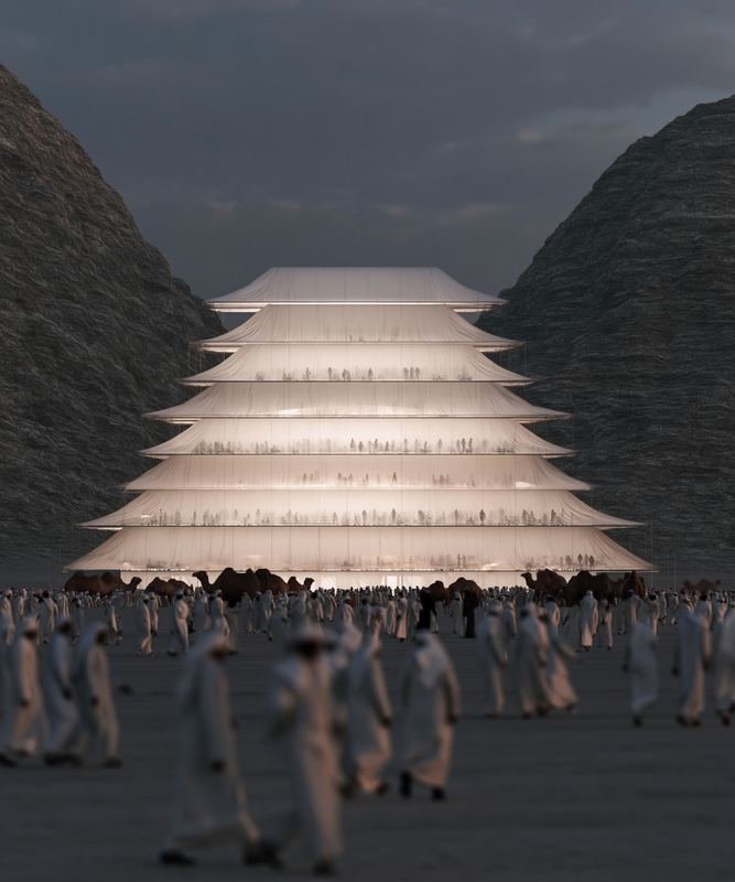 M7 · Árdh, concept image — a tiered white pavilion glowing at dusk between dark mountains, a crowd in white kanduras in front