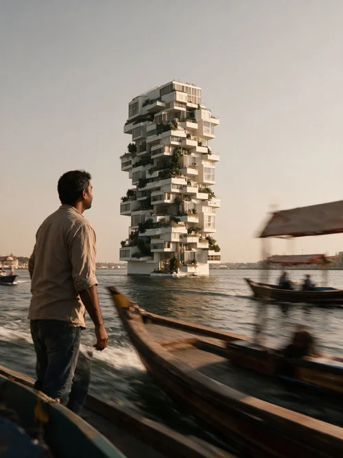M8 · Árdh, concept image — a man standing in a moving boat on the creek, looking up at a tower of stacked white boxes and planting