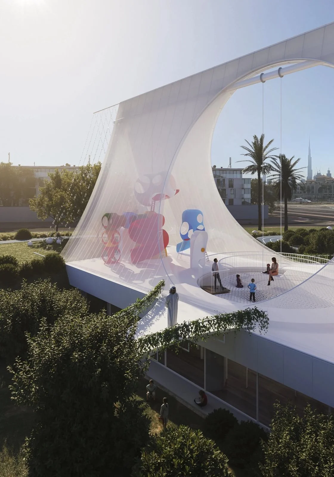 Al Wasl Nursery · UAE — the white tent with its round opening, seen from the garden