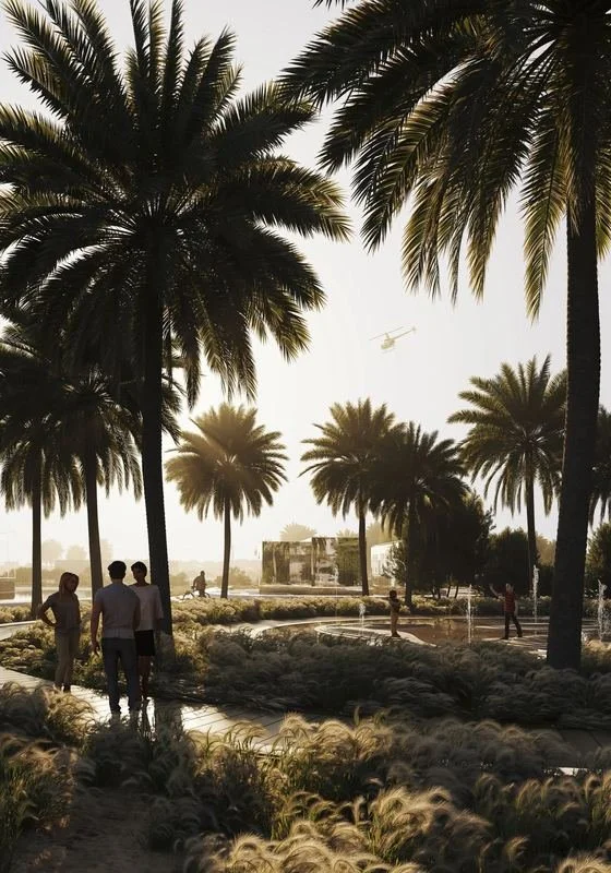 Jumeirah Archaeological Square · Jumeirah — visitors walking under tall palms toward the ruins