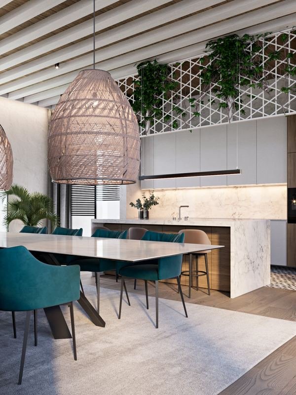 Al Ain Farm House · Al Ain — dining and kitchen under the lattice ceiling