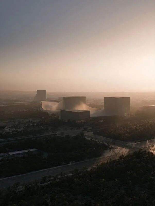 M3 · Árdh, concept image — hazy sunrise over the green edge of a city, low buildings with curved roofs in the distance