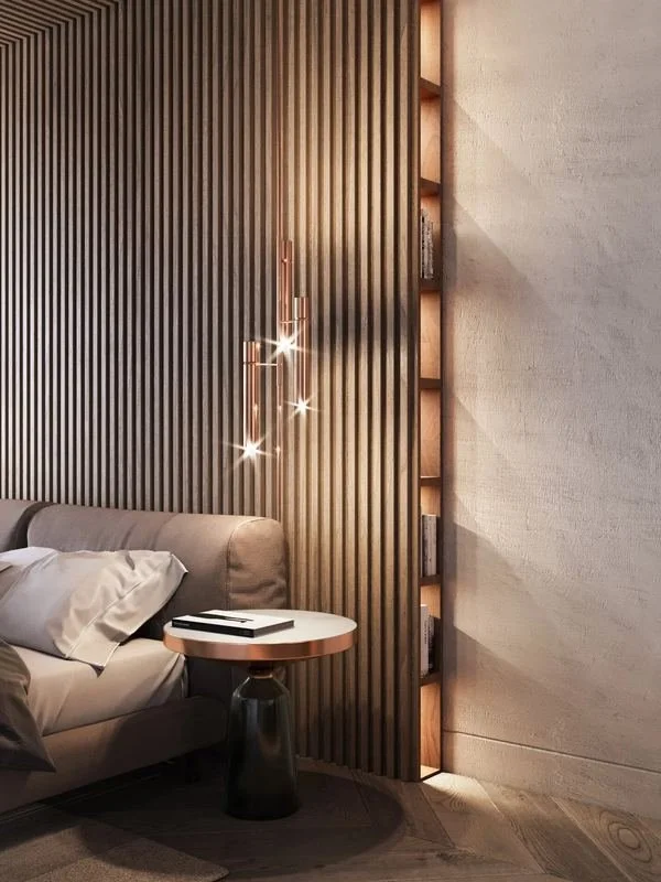 Al Ain Farm House · Al Ain — bedside corner with timber slats
