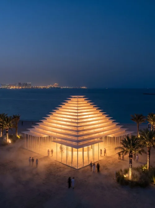M13 · Árdh, concept image — a stepped pyramid of glowing timber slats on a beach at dusk, people gathered underneath