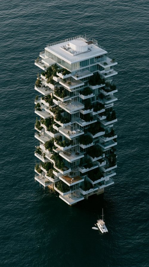 M6 · Árdh, concept image — a tall tower of stacked glass floors and gardens standing alone in dark open sea, a small boat at its base