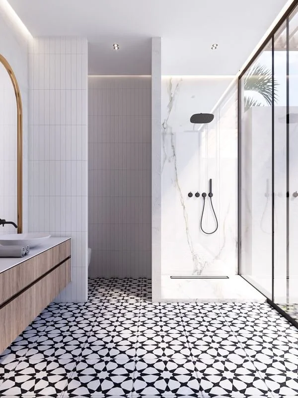 Al Ain Farm House · Al Ain — bathroom with patterned floor and shower