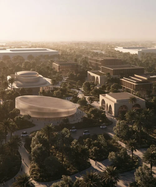 M5 · Árdh, concept image — an aerial view over trees of low arched buildings and two curved, ribbed domes