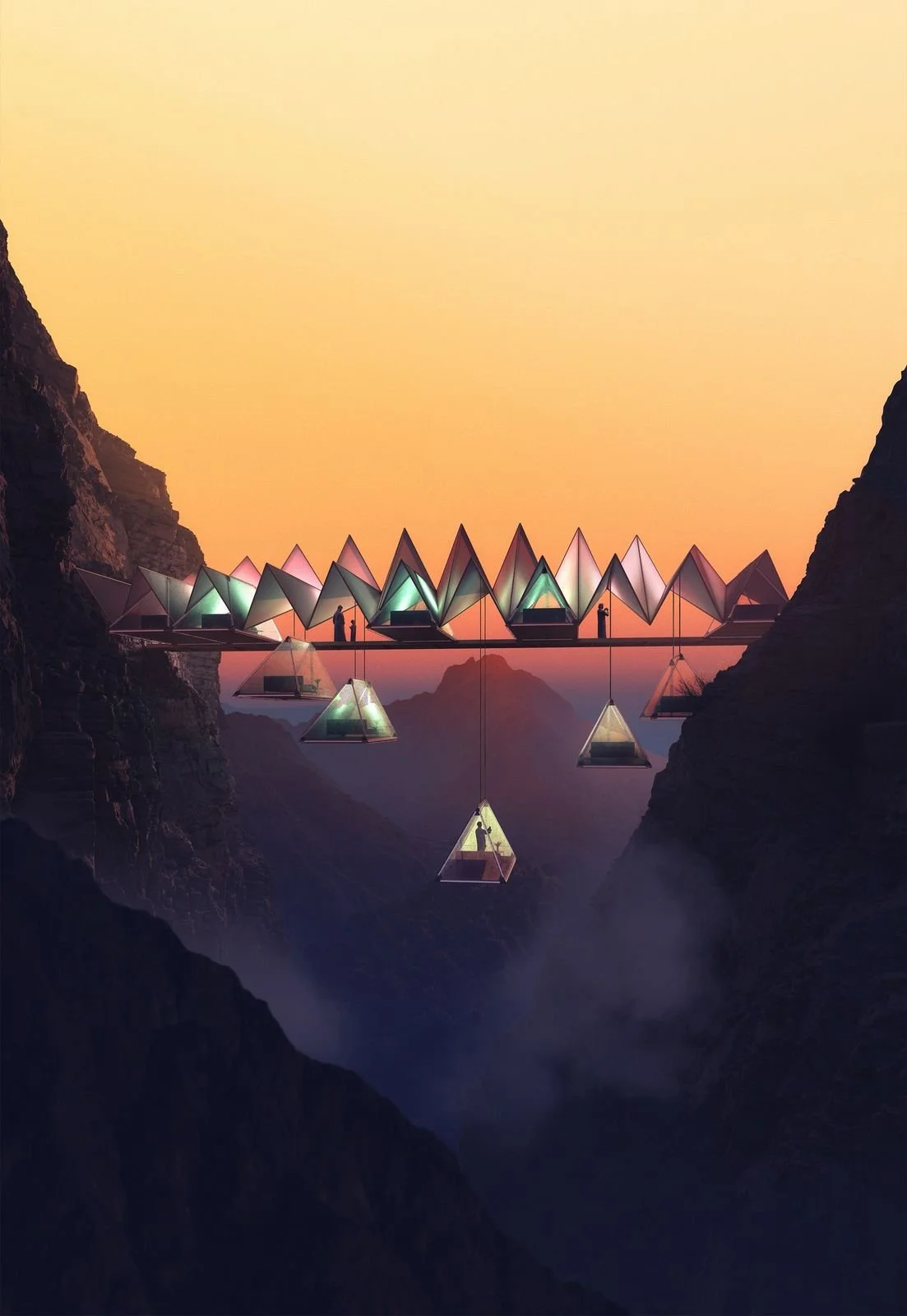 The Floating Retreat · Sharjah mountains — rooms hanging from the cliff at sunset, portrait