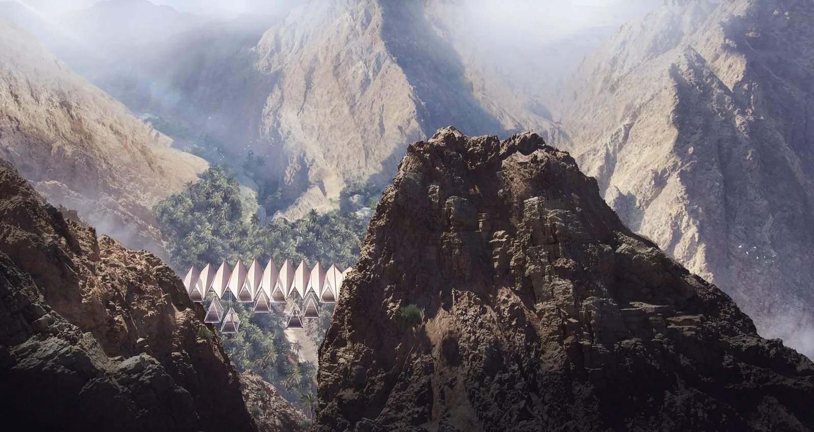 The Floating Retreat · Sharjah mountains — a row of rooms hung across the cliff face between two peaks