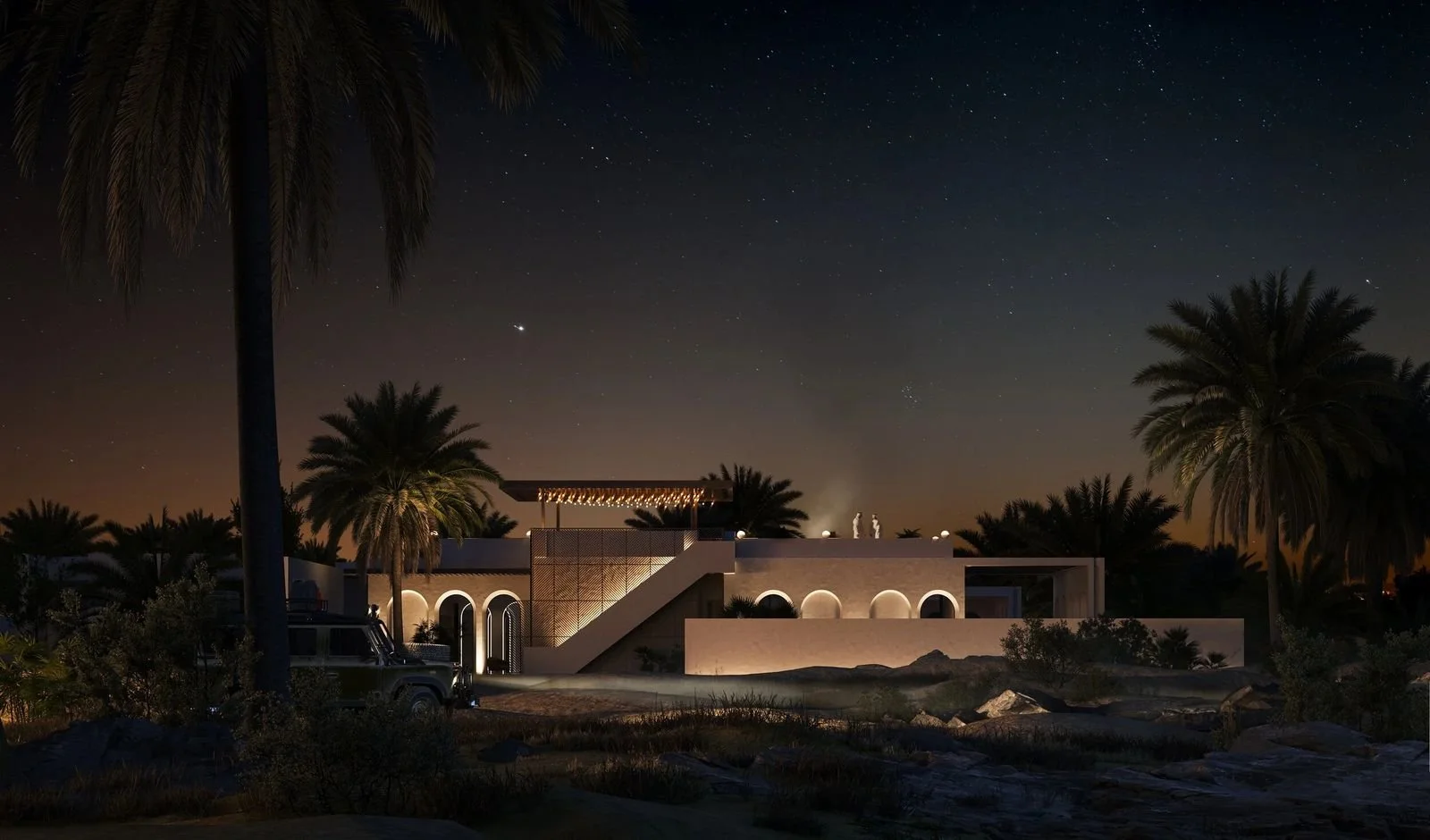 Al Ain Farm House · Al Ain — the house among palms at night